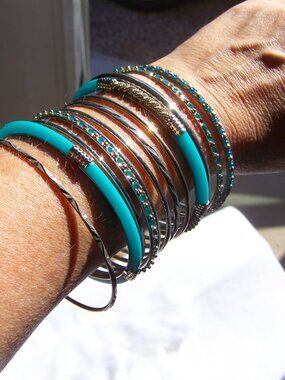 Set of 12 Teal & Silver Bangles